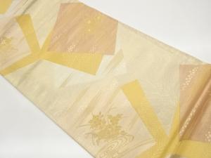 色紙に流水・花葉模様織出し袋帯